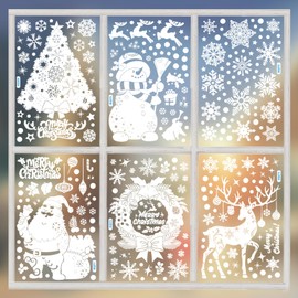 6 Sheet Christmas Window Clings, Christmas Window Stickers Christmas Tree Santa Claus Snowman Snowflakes Pattern Xmas Window Clings Decals Easy to Stick(White)