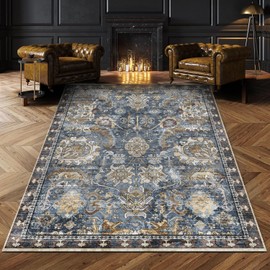 RUGSURE Washable Area Rugs - Perfect for Living Room, Bedroom, Kids Room, Nursery - Stain & Water Resistant Non-Slip, Pet & Child Friendly, Vintage Tribal Area Rugs (Navy, 9' x 12')