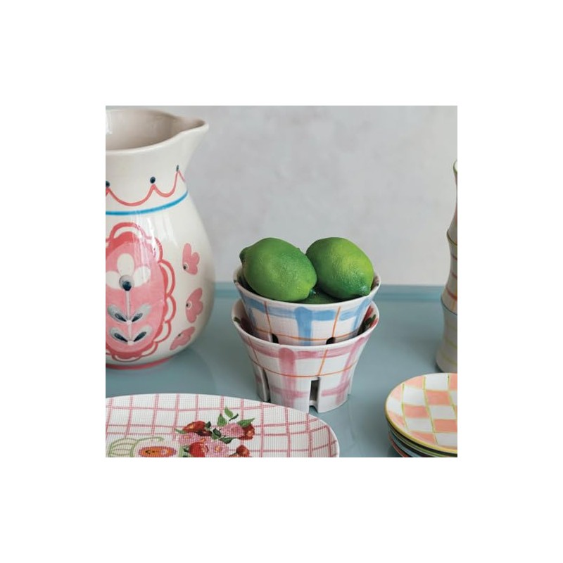 Hand-Painted Stoneware Berry Bowl w/ Plaid & Floral Pattern, 2