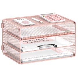 DALTACK 3 Tier Letter Tray Paper Organizer Mesh Metal Desk File Organizer for Home & Office, Pink