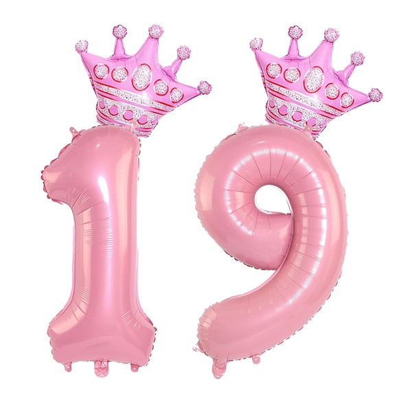 40 Inch Pink Crown Number 19 Balloons, 19th Birthday Balloons