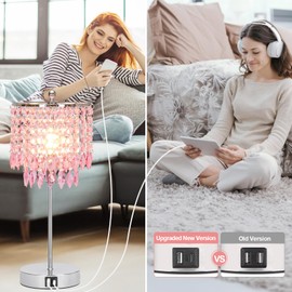 Boncoo Pink Crystal Lamps, Touch Control Crystal Table Lamp with Dual USB Charging Ports, 3 Way Dimmable Bedside Lamp Decorative Nightstand Lamp for Girls Bedroom, Living Room, B11 LED Bulb Included