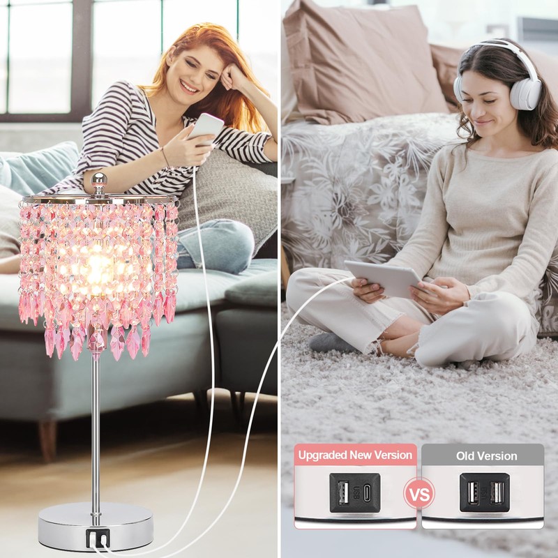 Boncoo Pink Crystal Lamps, Touch Control Crystal Table Lamp with