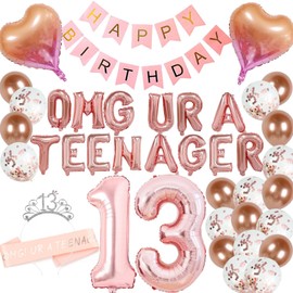 13th Birthday Decorations Thirteen Teenager Birthday OMG UR A Teenager Balloons 13th Birthday Tiara Teenager Sash Happy Birthday Banner for 13 Year Old Teen Girls Birthday Party Supplies (Rose gold)