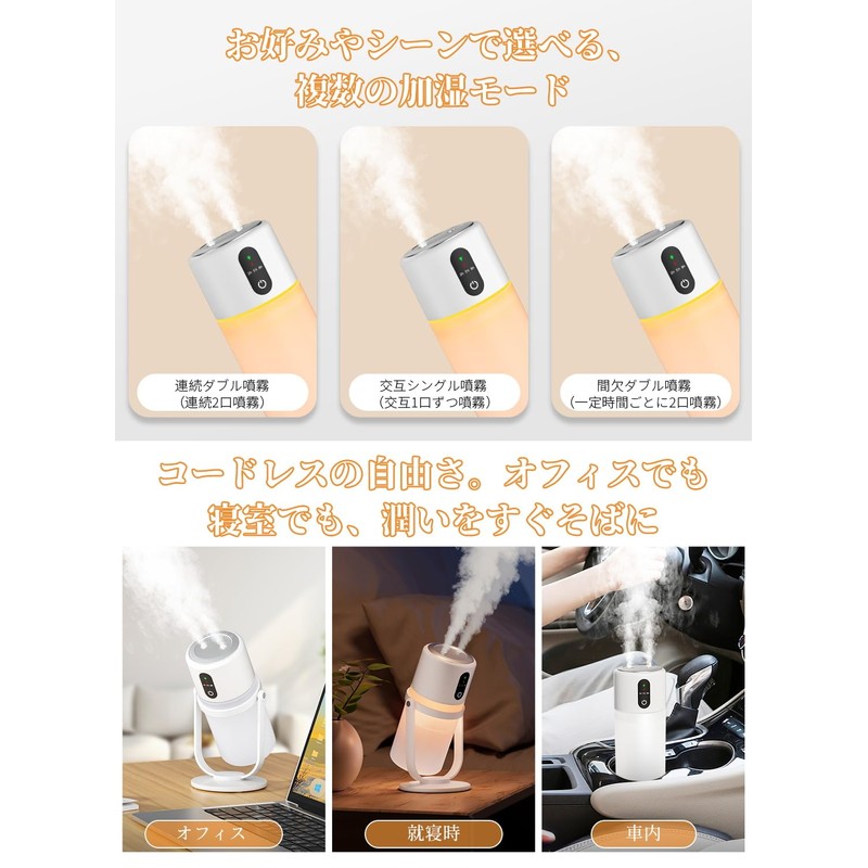 【Amazon.com.jp限定】卓上 小型 加湿器【2025新モデル・多機能加湿器】超音波式 ダブル噴霧 抗菌 90°回転ミスト 25dB静音 大容量バッテリー内蔵 コードレス アロマ対応