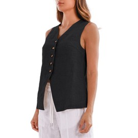 Amazhiyu Women's Suit Vest, Linen Vest, Short Sleeveless Linen Vest, Elegant V-Neck Button Down Vintage Jacket, black, L
