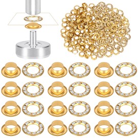 Glarks 100pcs 6 mm Eyelet Kit with White Diamond Washers Set, Golden Colour Brass Eyelets, Fabric Leather Hole Eyelets Eyelets Eyelets for Belts, Shoes, Clothing, Canvas, Leather Repair