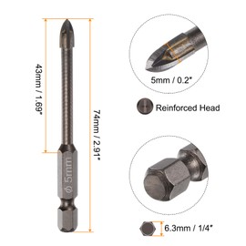 HARFINGTON 20pcs Titanium Masonry Drill Bit, 5mm Concrete Drill Bits Ceramic Tile Drill Bit with 1/4" Hex Shank 74mm Length for Ceramic Tile Marble Mirror Glass Concrete Brick Plastic Wood