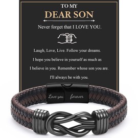 JJBAOER Son Gifts Engraved Braided Leather Bracelet Gifts Jewellery Son Bracelet from Mum Daddy 18th Birthday Gifts for Boys Christmas Graduation Back to School Gifts for Son Stocking Fillers