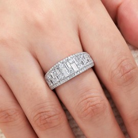Wuziwen Wide Wedding Bands for Women Round and Baguette Eternity Anniversary Ring 925 Sterling Silver Cubic Zirconia Size 8