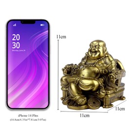 STCREE Chinese Feng Shui Brass Statue Sitting Laughing Buddha Statue Large Belly Buddha Sitting on Imperial Dragon Chair with Ingot Wealth Lucky Figure Home Decor 11cm (H) TQGJST24