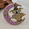 Vintage-Style Halloween Owl and Moon Brooch, Crystal Rhinestone Pin, Purple