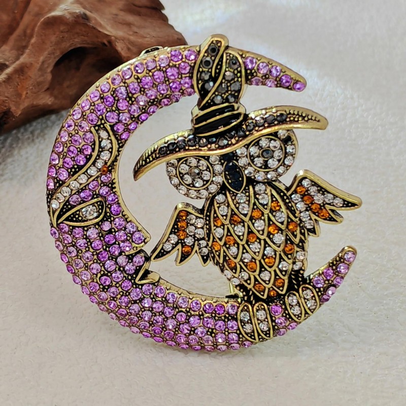 Vintage-Style Halloween Owl and Moon Brooch, Crystal Rhinestone Pin, Purple