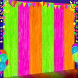 Lecheme Glow in The Dark Party Supplies 2 Pack Neon Party Decorations Foil Fringe Curtains 3.3x6.6 ft Fluorescent Green Pink Orange Tinsel Streamers Glow Backdrop Photo Props