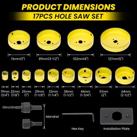 REKCKRUL 17PCS Premium Hole Saw Kit, Hole Saw Set with Mandrels, Hex Key & Storage Case - 3/4" to 5" (19-127mm) for Wood, PVC, Drywall, Plastic - Professional Hole Cutter Set