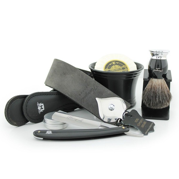 Complete Barber Shaving Set Straight Razor/Cut Throat & Pure Black Badger Brush