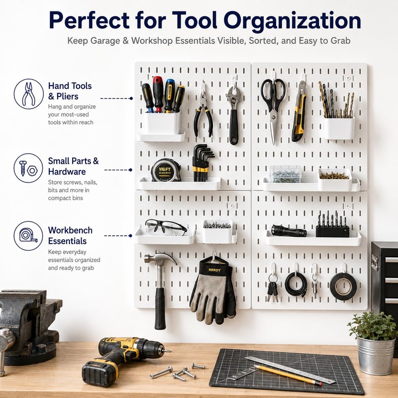 PSLER 22"×22" White Pegboard Kit with 17 Accessories, Garage Office