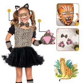 songyea Leopard Costume Children's Girls Animal Costumes Cosplay Fancy Dress Canvas Leopard Costume Cat Costume Children with Glitter Face Paint for Fancy Dress, Carnival (Leopard, XL)