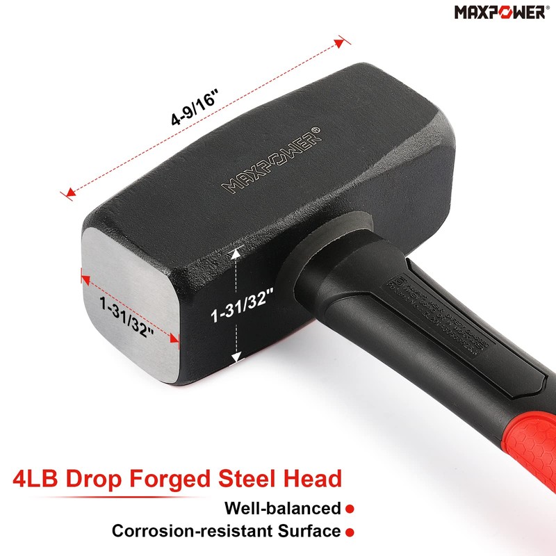 MAXPOWER 4lb Club Hammer, Mini Sledge Hammer with 9-inch Fiberglass