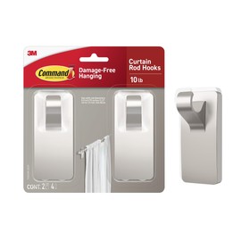 Command 10 lb Satin Nickel Curtain Rod Hooks, 2 Hangers and 4 Strips, No Drilling Home Decor and Room Decor, Use with Rod Diameters 0.5-0.75"