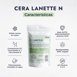 HEBBE Cera Lanette N 500 g | Emulsionante O/W y Base Autoemulsionable | Sedosas Sin Sensación Grasa | Biodegradable 100% Vegetal pH 4 a 11