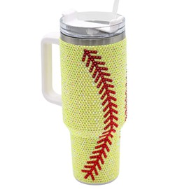 SEM LIFE 40 Oz Rhinestone Bling Tumbler with Handle and Straw (YELLOW SOFTBALL), Stainless Steel and Double Wall Insulated