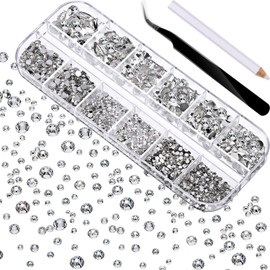 GAJPBLK 2000 Pieces Flat Back Gems Round Crystal Rhinestones 6 Sizes (1.5-6 mm) with Pick Up Tweezer and Rhinestones Picking Pen for Crafts Nail Face Art Clothes Shoes Bags DIY (Clear)