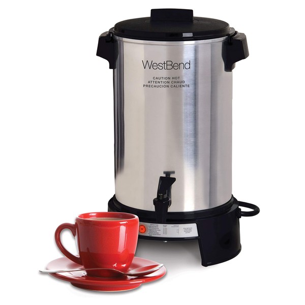 West Bend Coffee Urn Commercial Highly-Polished Aluminum Features Automatic Temperature Control with Fast Brewing and Easy Clean Up, 36-Cup, Silver