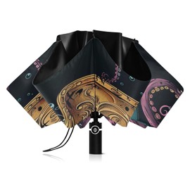 Coikll Large Windproof Umbrella Auto Open Folding Umbrella, 8 Ribs Rain Proof Reverse Umbrella for Travel Golf-(Octopus Skull with A Pirate)