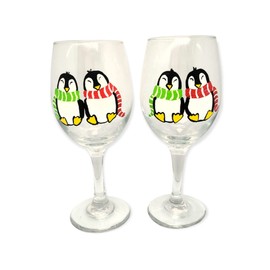 Cute Winter Penguin Couple Hand Painted Stemmed Wine Glasses Set of 2, Holiday Decor