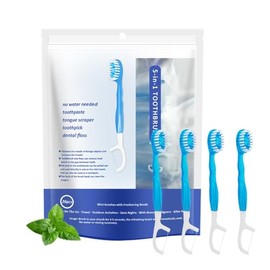 5 in 1 Mini Brushes-Disposable Toothbrushes with Toothpaste + Floss + Pick + Tongue Scraper | Travel Size | Individually Wrapped | Soft | Mint | Travel Set (Mint, 26 pcs)