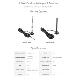 Waveshare LPWA Outdoor Waterproof Antenna, 5dBi High Gain with Magnetic Base, LoRa Antenna, 4G/3G/2G/LPWA Support,433/470M Version