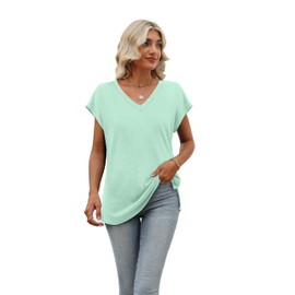Womens Short Sleeve Summer Tops Trendy Tank Tops V Neck Loose Fit Shirts Lake Green XL