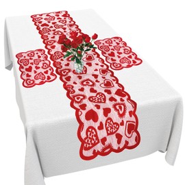 Valentine Table Runner, Red Lace Table Runner with 2 Placemats, 13 x 72 Inch Valentine Table Runner, Red Love Heart Print Valentine Runners for Tables Party Wedding Valentine Decorations