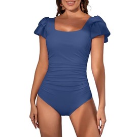 Eomenie - Traje de baño de una pieza con control de abdomen para mujer, cuello cuadrado, fruncido, recortado en la espalda y adelgazamiento, Azul eléctrico, M