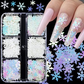 Snowflake Nail Glitter Sequins, 6 Grids Holographic Christmas Nail Art Glitter Snow Flakes Christmas Nail Design Winter Xmas Nail Sticker Decals Manicure DIY Christmas Decorations