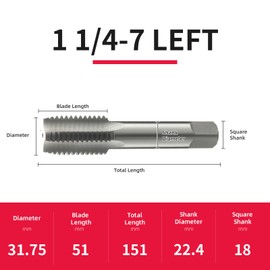 1 1/4-7 Left Hand Straight Flute Thread Tap Machine Tap HSS (High Speed Steel) Threading Tapping Repair Tools DRINYOUNG (1 1/4-7 Left)