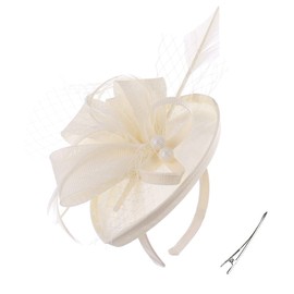 FELIZHOUSE Fascinator Hats for Women Ladies Feather Cocktail Party Hats Bridal Headpieces Ascot Fascinator Headband (#2 Cambric Beige)