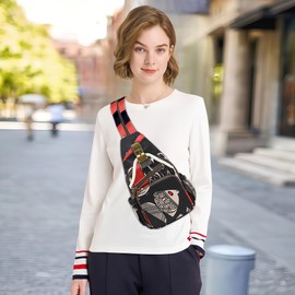 DEEVORCA Retro Women Small Backpack Casual Anti-theft Fashion Chest Bag Work Travel Shopping Crossbody Shoulder Bags Nylon Print Women's Dayback Multifunctional Handbag Black A