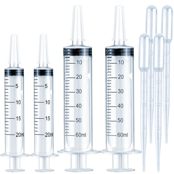 4 Pack Large Syringes for Liquid, 20ml & 60ml Plastic Syringe for Measuring, Lip Gloss TKP Lipgloss Base Flavoring Oil Food Oral Medicine Injection Feeding- with Tip Cap and Pipettes