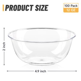 Qeirudu 12 oz Small Clear Plastic Bowls, 100 Pack Disposable Hard Plastic Party Serving Bowls for Salads, Ice Creams, Fruit, Desserts, Parfaits, Snacks