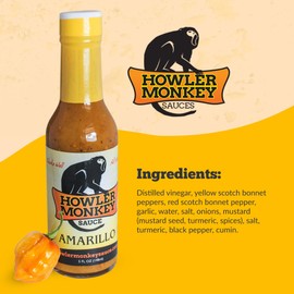 Howler Monkey Sauce Amarillo - Panama Hot Sauce - Gluten-Free, No Carbs, Low Sodium - No Thickeners, Preservatives, or Added Sugars - 5 oz (4-Pack)