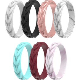 ThunderFit Silicone Wedding Rings for Women, Leaf Design Rubber Engagement Bands 5.2mm Wide 2mm Thick - 1/4/7 Variety Multipack (Pack L - Size 7.5-8 (18.2mm))