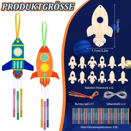 Kaisibum Wind Chime Craft Set Children, 12 Pieces Rocket Wind Chime Craft Set, DIY Space Children's Birthday Party Decoration, Wooden Wind Chime for Painting for Boys and Girls