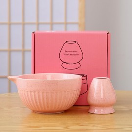 Ceramic Matcha Whisk Holder Set with Mixing Bowl, Pink Speckled, 2-Piece Kitchen Set