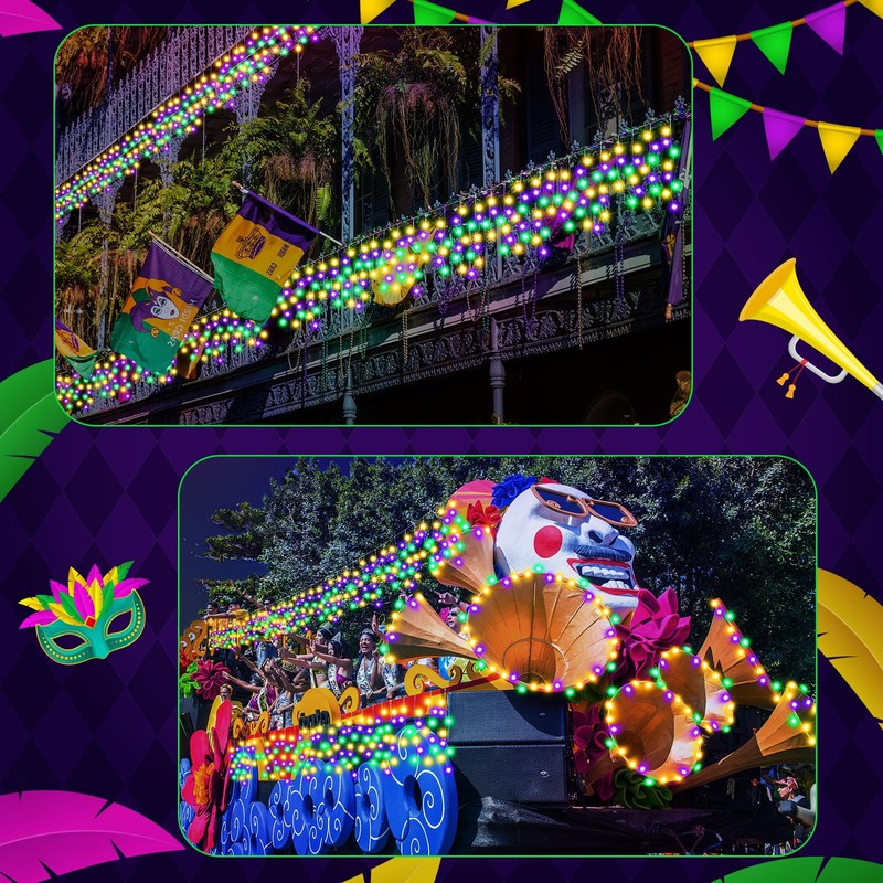 65ft Green Yellow Purple Mardi Gras Light Solar Icicle Light