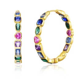 JSGEMSLEE 925 Sterling Silver CZ Huggie Hoop Earrings 14K Gold Rose Gold Plated Cubic Zirconia Hoop Earrings for Women Colorful CZ Earrings Birthday Christmas Gifts, Silver Sterling Silver 14K Gold Plated, Cubic Zirconia