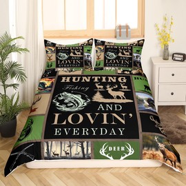 Feelyou Big Pike Fish Bedding Set Deer Duvet Cover for Kids Teens Boys Hunt Comforter Cover Antlers Fishing Rod Bedspread 1 Duvet with 1 Pillowcase Twin Size (No Comforter)