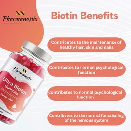 Pharmanostix Ultra Biotin 5000mcg Vegan Gummies - 10000mcg Per Daily Dose - for Hair, Skin and Nail Growth Support - 150 Natural Strawberry Flavour - 75 Days Supply - for Men and Women