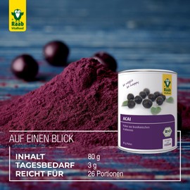 Raab Vitalfood Organic Acai Powder with Polyphenols & Anthocyans, Vegan, Gluten Free, Acai from Brazil, No Additives, 80 g Tub